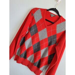 J Crew Italian Cashmere Argyle Vneck Sweater Mens S Red Preppy Academia Golf